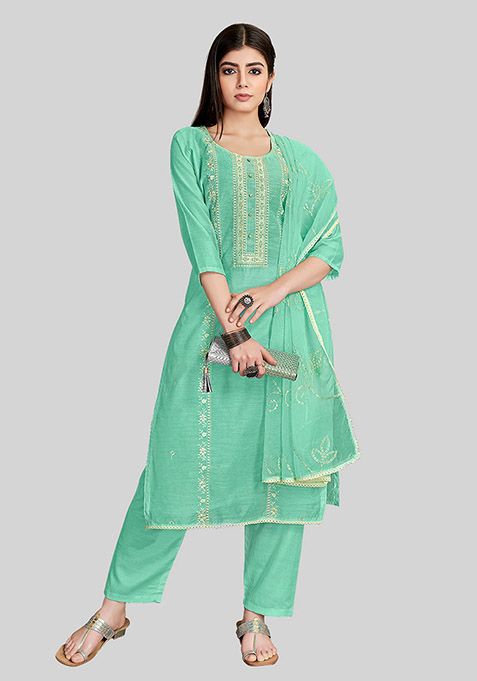 Turquoise Embroidered Chanderi Silk Kurta Set