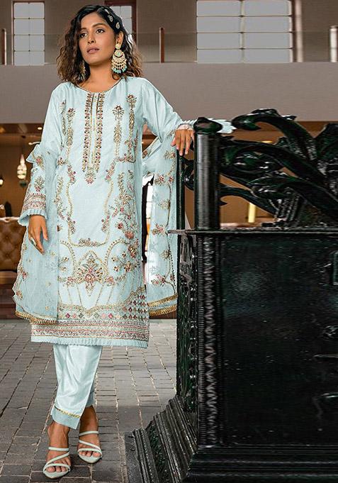 Sky Blue Embroidered Organza Kurta Set