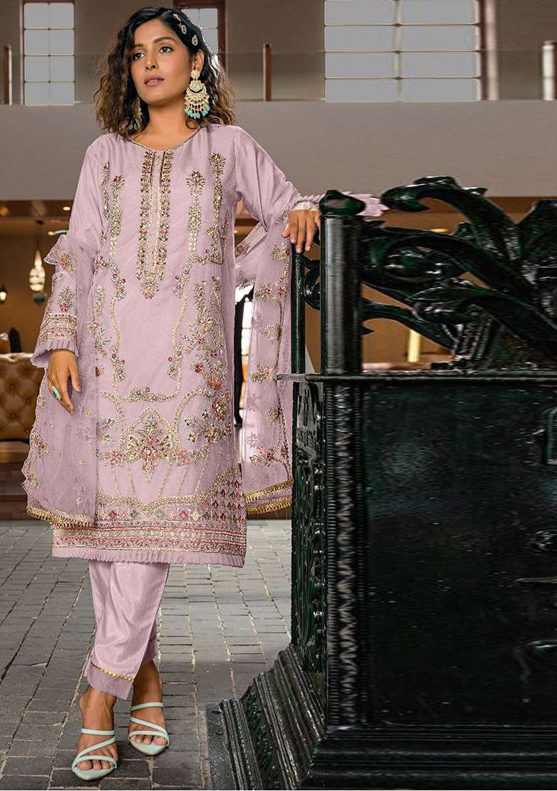 Pink Embroidered Organza Kurta Set - Indya