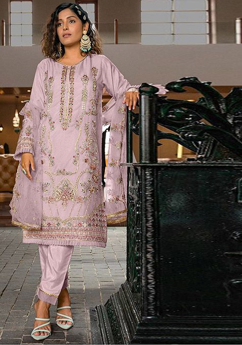 Pink Embroidered Organza Kurta Set