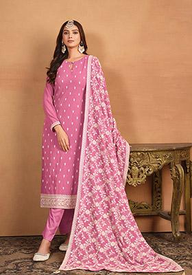 Pink Thread Embroidered Faux Georgette Kurta Set