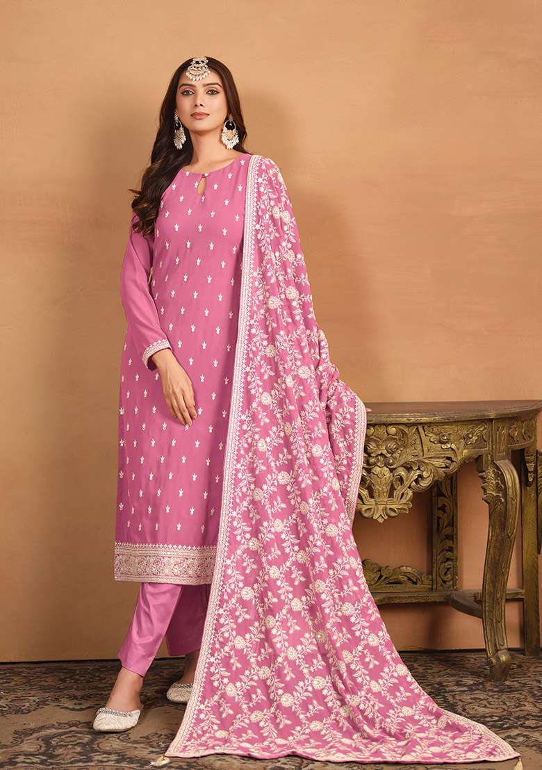 Pink Thread Embroidered Faux Georgette Kurta Set - Indya