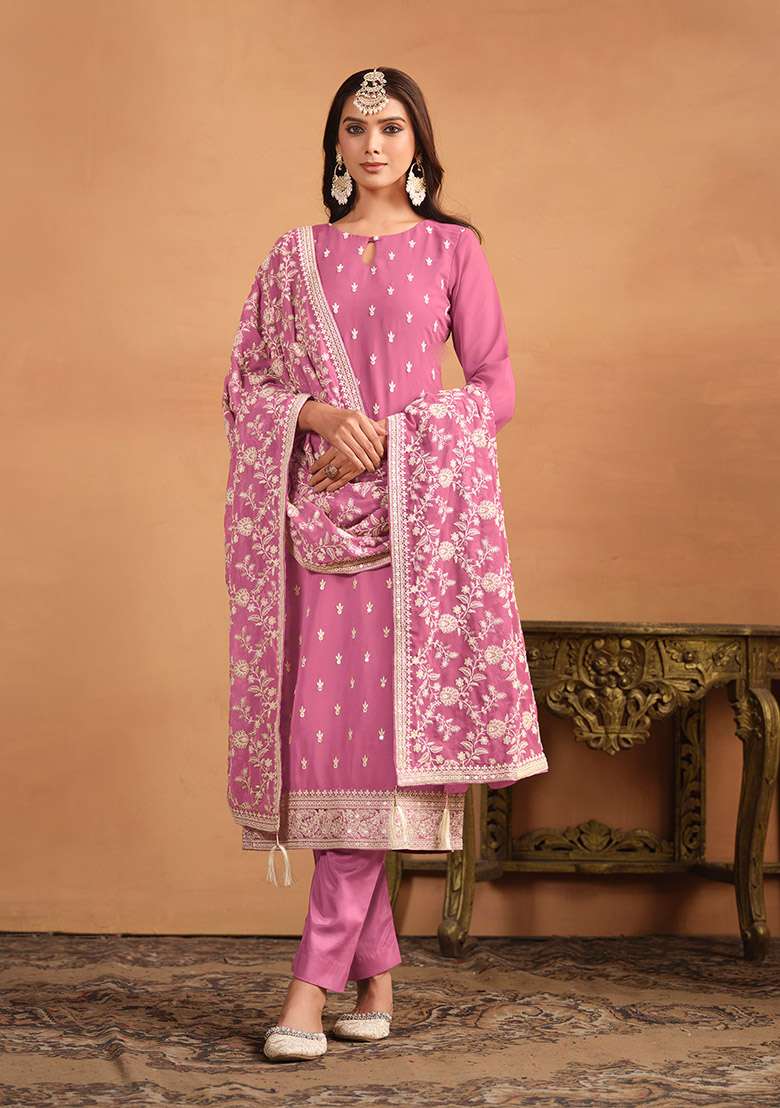 Pink Thread Embroidered Faux Georgette Kurta Set - Indya