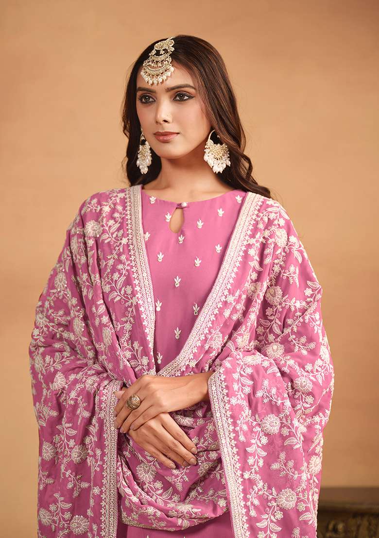 Pink Thread Embroidered Faux Georgette Kurta Set - Indya