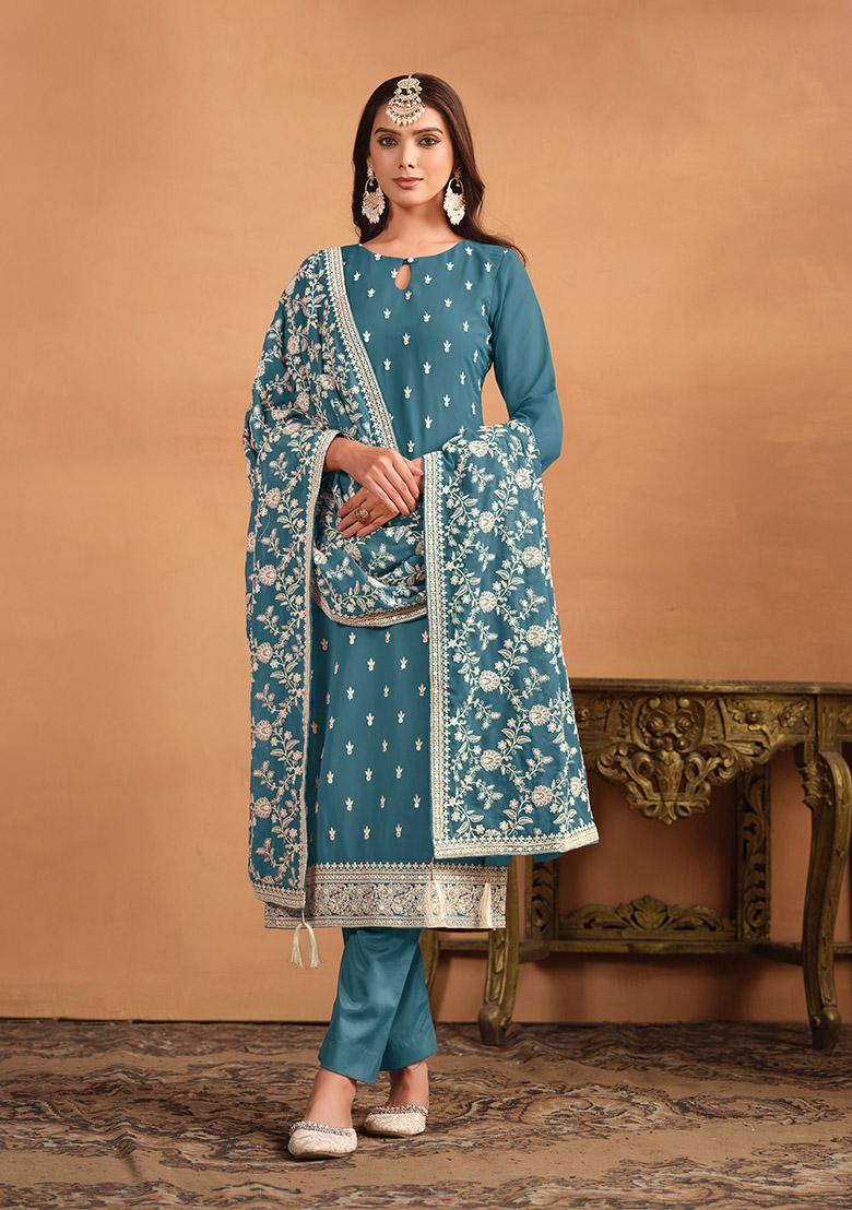 Blue Thread Embroidered Faux Georgette Kurta Set - Indya