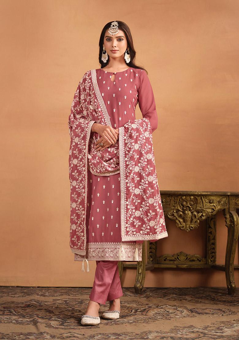 Salmon Pink Thread Embroidered Faux Georgette Kurta Set