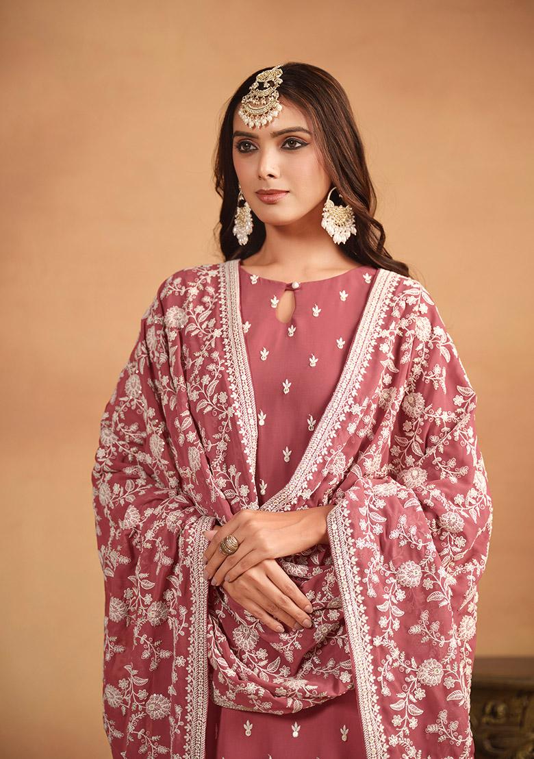 Salmon Pink Thread Embroidered Faux Georgette Kurta Set