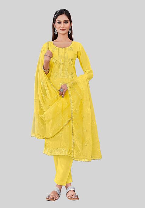 Yellow Embroidered Chanderi Silk Kurta Set