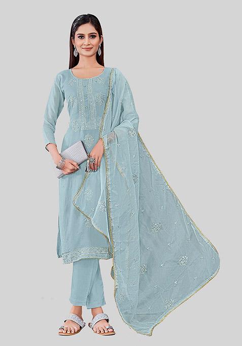 Grey Embroidered Chanderi Silk Kurta Set