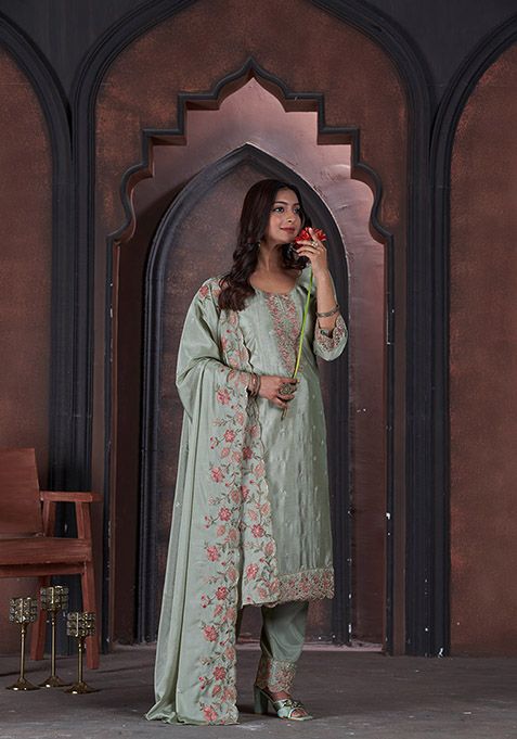 Pista Green Embroidered Chinon Kurta Set