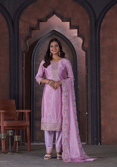 Pink Embroidered Chinon Kurta Set