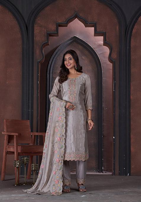 Grey Embroidered Chinon Kurta Set