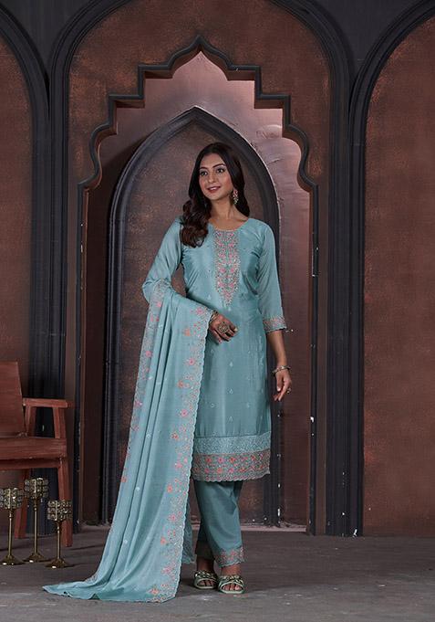 Sea Green Embroidered Chinon Kurta Set