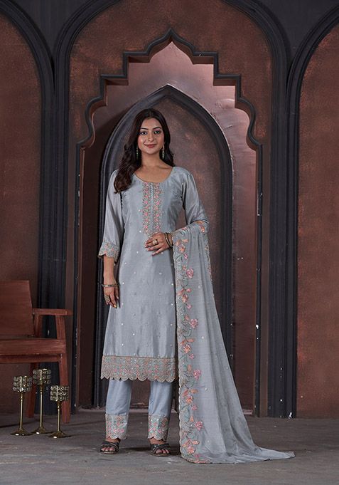 Beige Embroidered Chinon Kurta Set