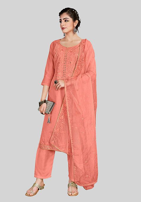 Pink Embroidered Chanderi Silk Kurta Set