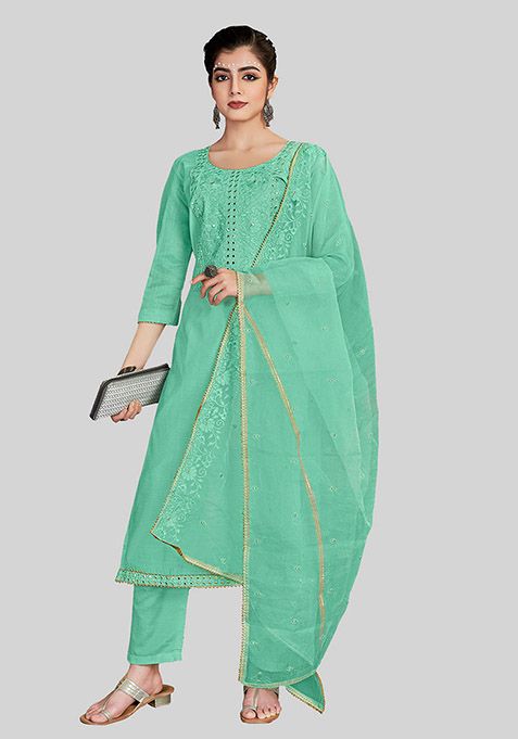 Blue Embroidered Chanderi Silk Kurta Set