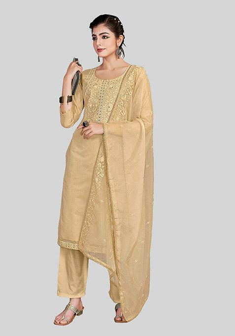 Beige Embroidered Chanderi Silk Kurta Set