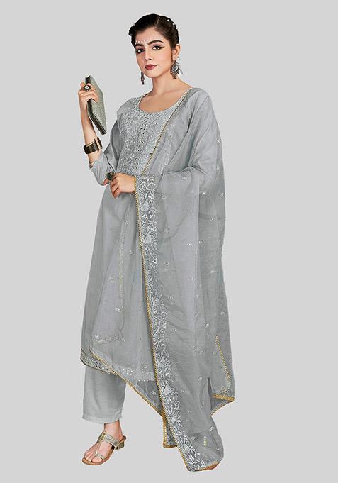 Grey Embroidered Chanderi Silk Kurta Set