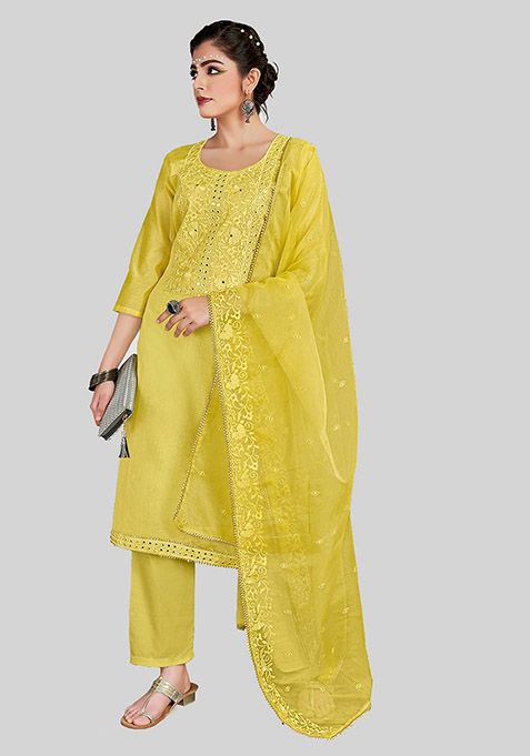 Yellow Embroidered Chanderi Silk Kurta Set