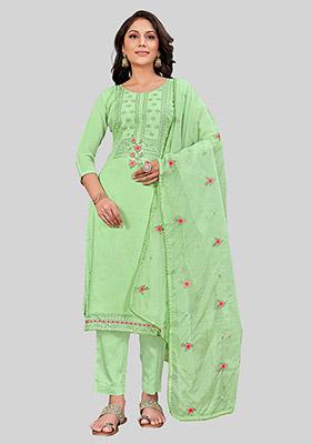 Green Embroidered Modal Silk Kurta Set