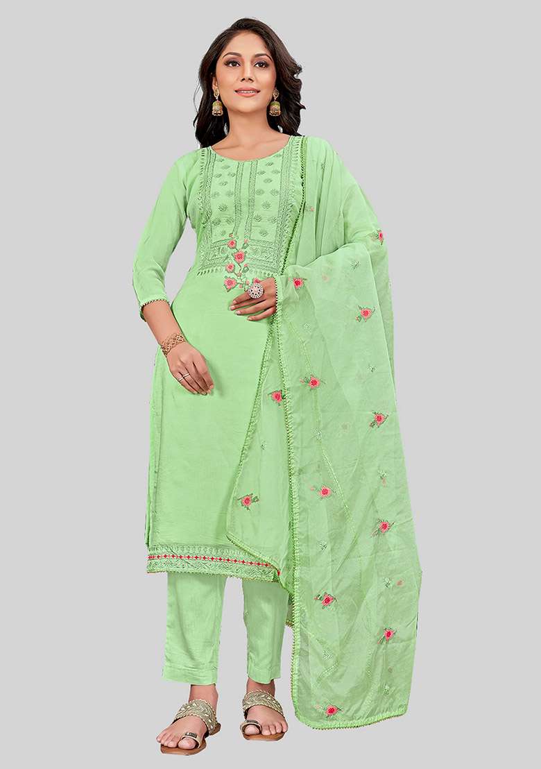 Green Embroidered Modal Silk Kurta Set - Indya