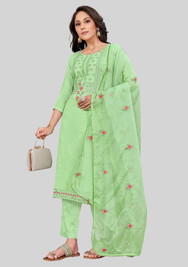 Green Embroidered Modal Silk Kurta Set - Indya