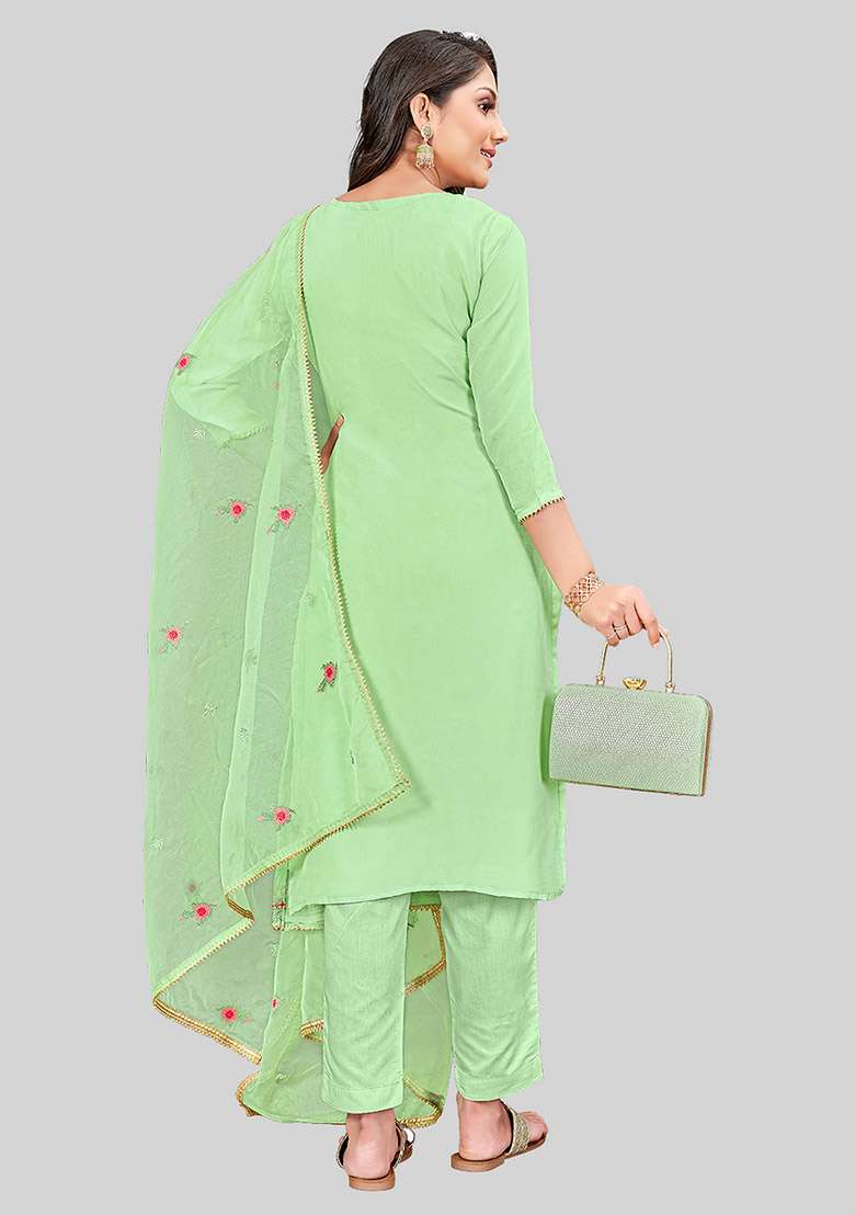 Green Embroidered Modal Silk Kurta Set - Indya