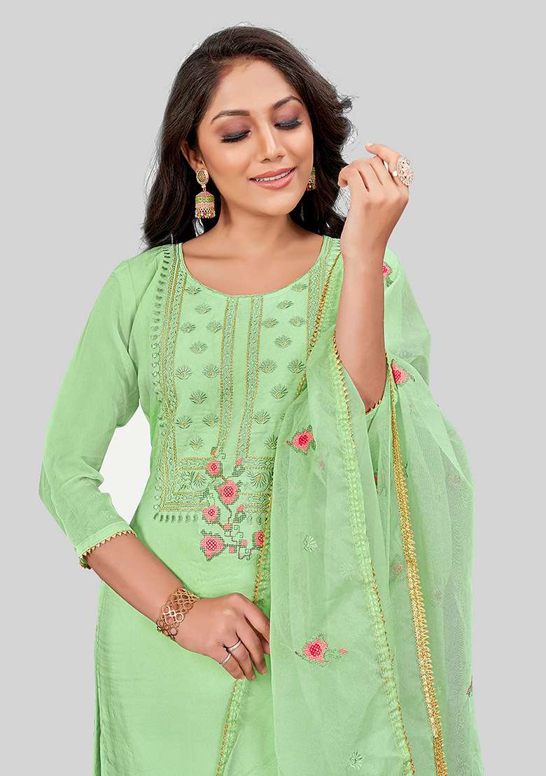 Green Embroidered Modal Silk Kurta Set - Indya