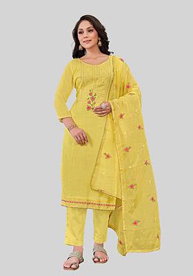 Yellow Embroidered Modal Silk Kurta Set