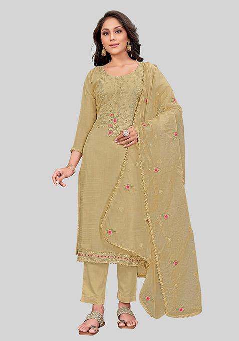 Brown Embroidered Modal Silk Kurta Set