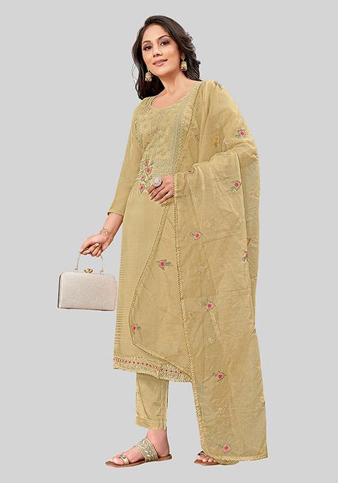 Brown Silk Kurta Jacket Set With Minimal Thread Detail