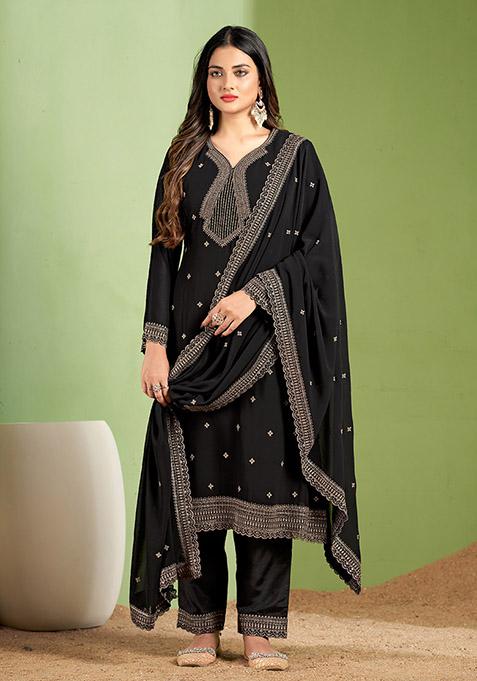 Black Embroidered Georgette Kurta Set