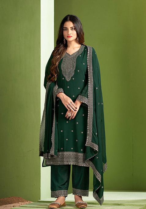 Green Embroidered Georgette Kurta Set