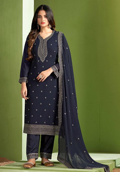 Grey Embroidered Georgette Kurta Set