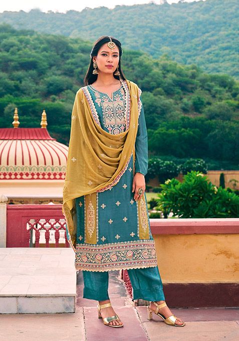 Sky Blue Embroidered Chinon Kurta Set