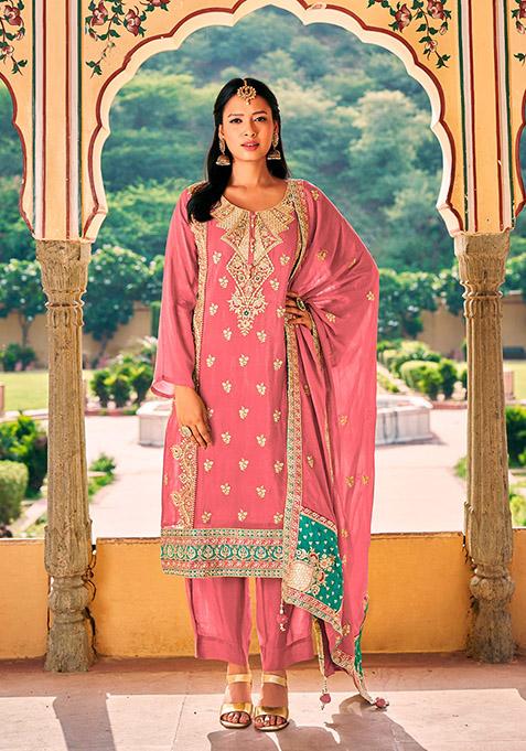 Pink Embroidered Chinon Kurta Set