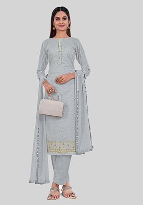 Grey Thread Embroidered Chanderi Silk Kurta Set