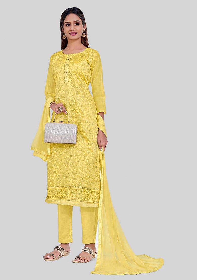 Yellow Thread Embroidered Chanderi Silk Kurta Set