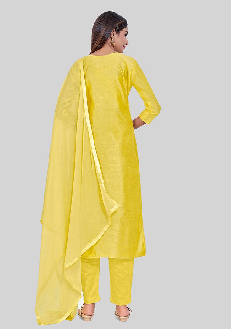 Yellow Thread Embroidered Chanderi Silk Kurta Set