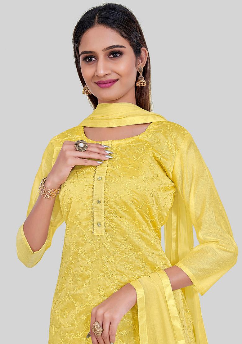 Yellow Thread Embroidered Chanderi Silk Kurta Set