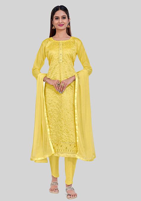 Yellow Thread Embroidered Chanderi Silk Kurta Set