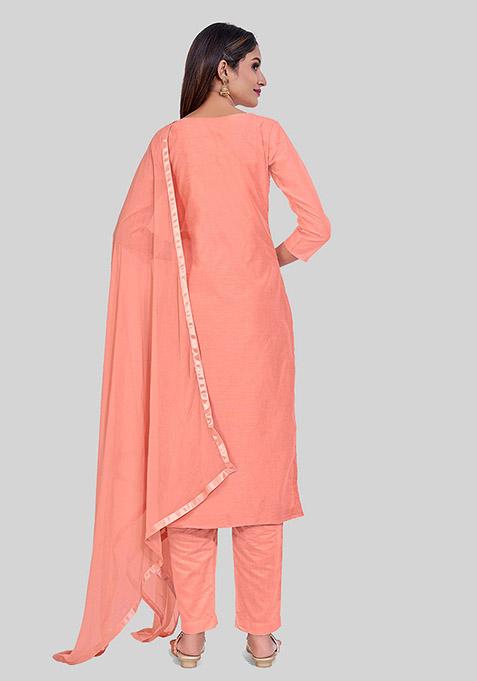 Pink Thread Embroidered Chanderi Silk Kurta Set