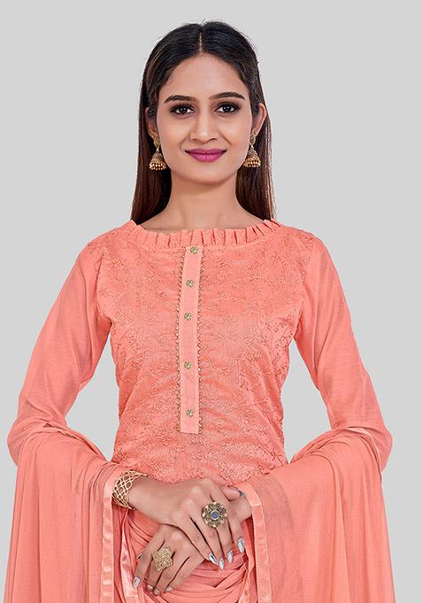 Pink Thread Embroidered Chanderi Silk Kurta Set