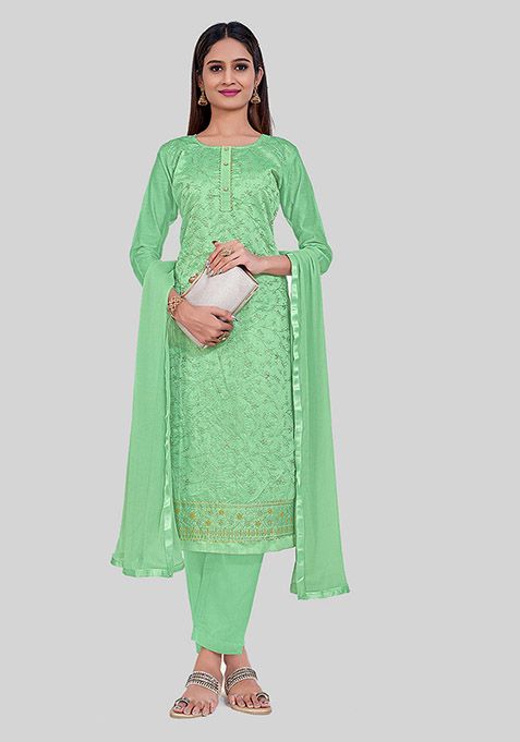 Green Thread Embroidered Chanderi Silk Kurta Set