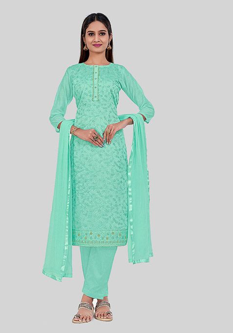 Turquoise Thread Embroidered Chanderi Silk Kurta Set