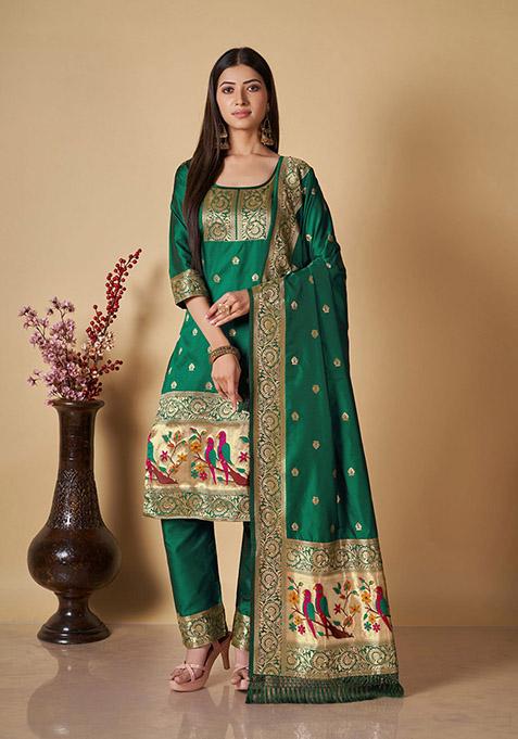 Green Zari Embroidery Banarasi Silk Kurta Set