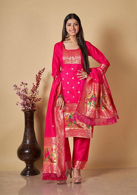 Pink Zari Embroidery Banarasi Silk Kurta Set