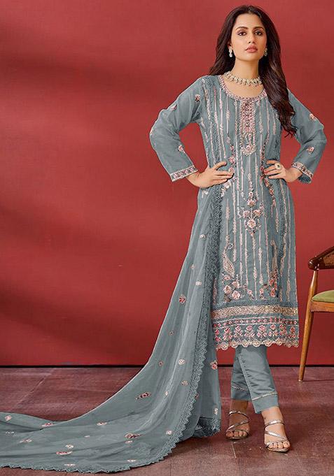 Grey Embroidered Georgette Kurta Set