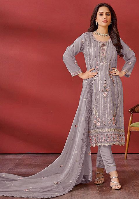 Mauve Embroidered Georgette Kurta Set