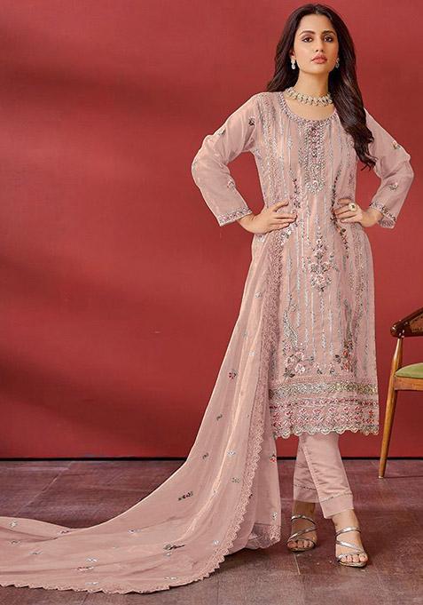 Peach Embroidered Georgette Kurta Set